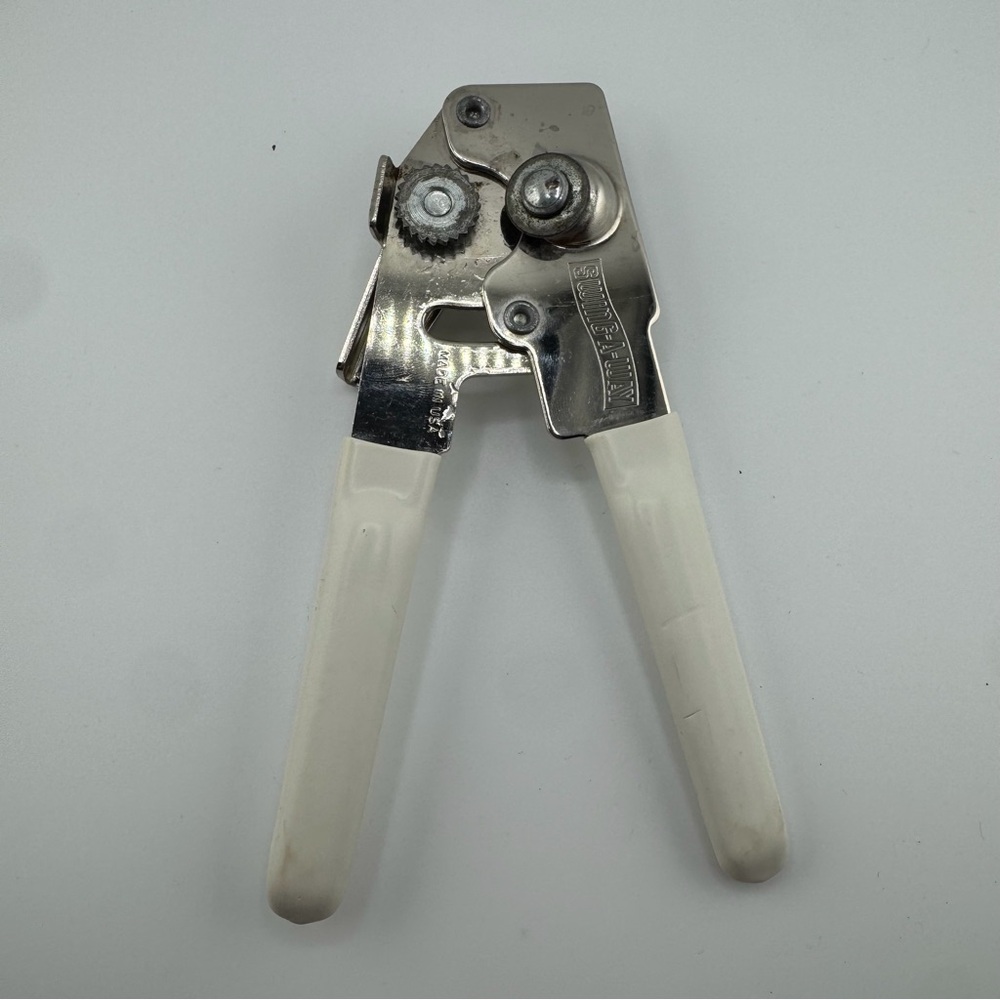 Vintage Swing-A-Way Stainless Steel Can Opener with White Handles